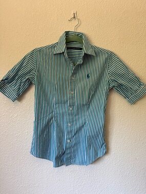 Ralph Lauren Sport Women Turquoise White and Blue Striped Shirt Petite XXS XS